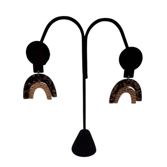 Black Gold Foil Geometric Arch Statement Earrings | Modern Resin Drop Earrings - Picture 3 of 6
